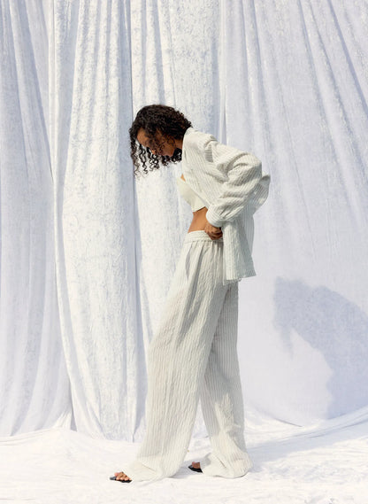 Crinkle Stripe Summer Suiting Wide Leg Pull On Pant