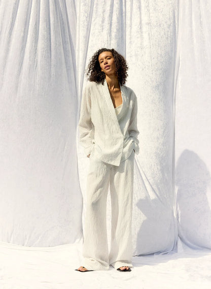 Crinkle Stripe Suiting Shawl Collar Jacket