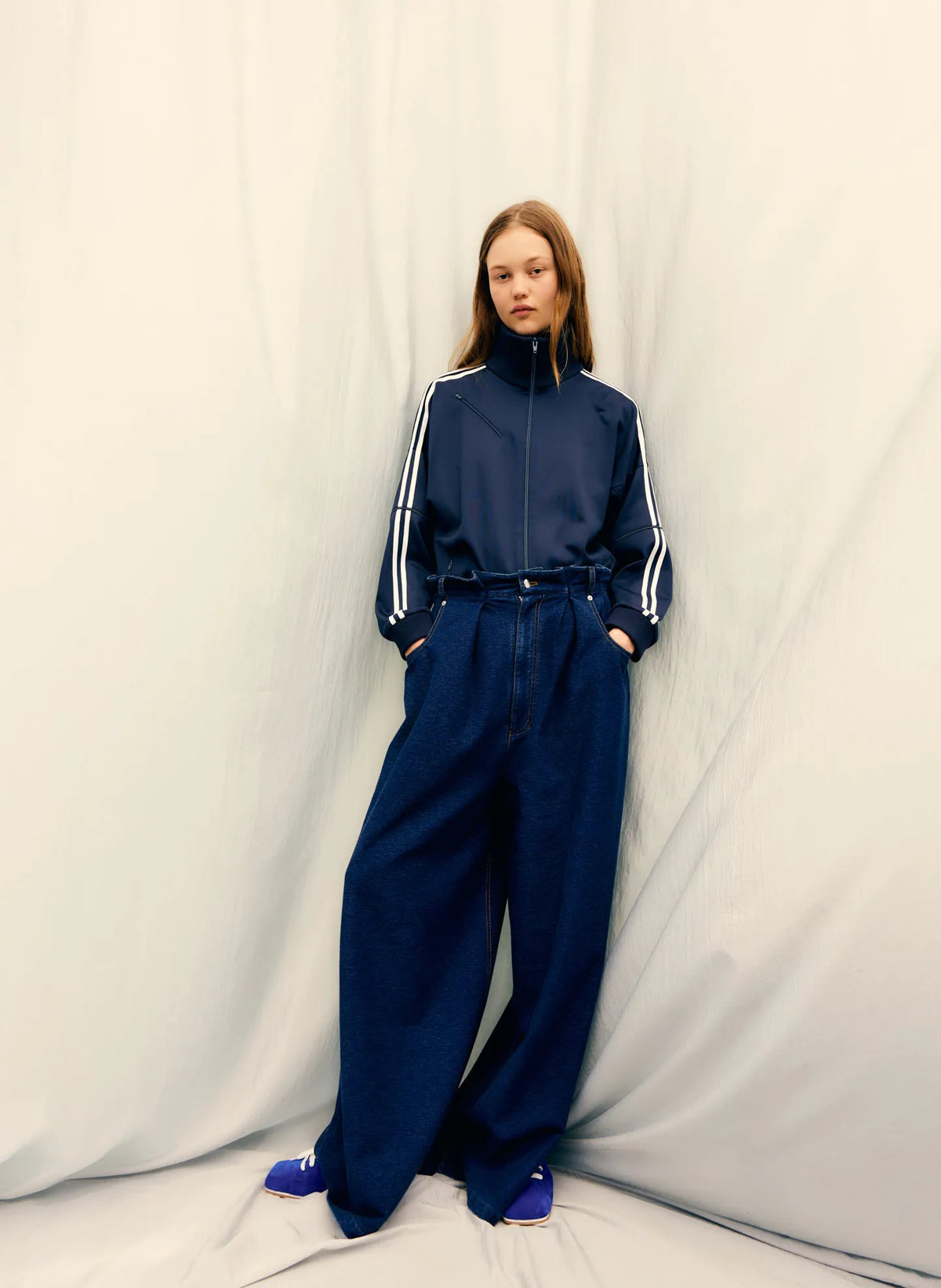 Indigo Barre Denim Knit Walker Wide Leg Jean