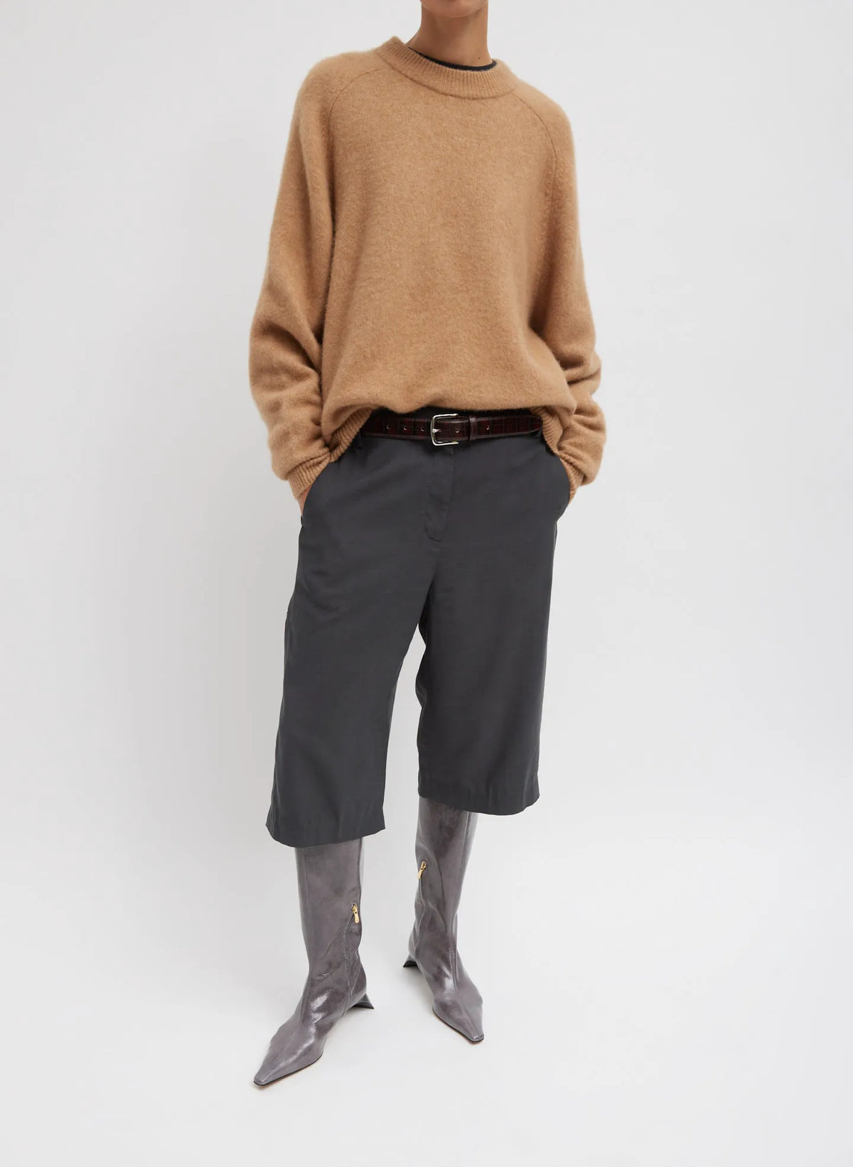 Camel Hair Knit Crewneck Oversized Pullover