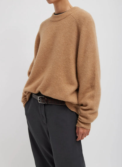 Camel Hair Knit Crewneck Oversized Pullover