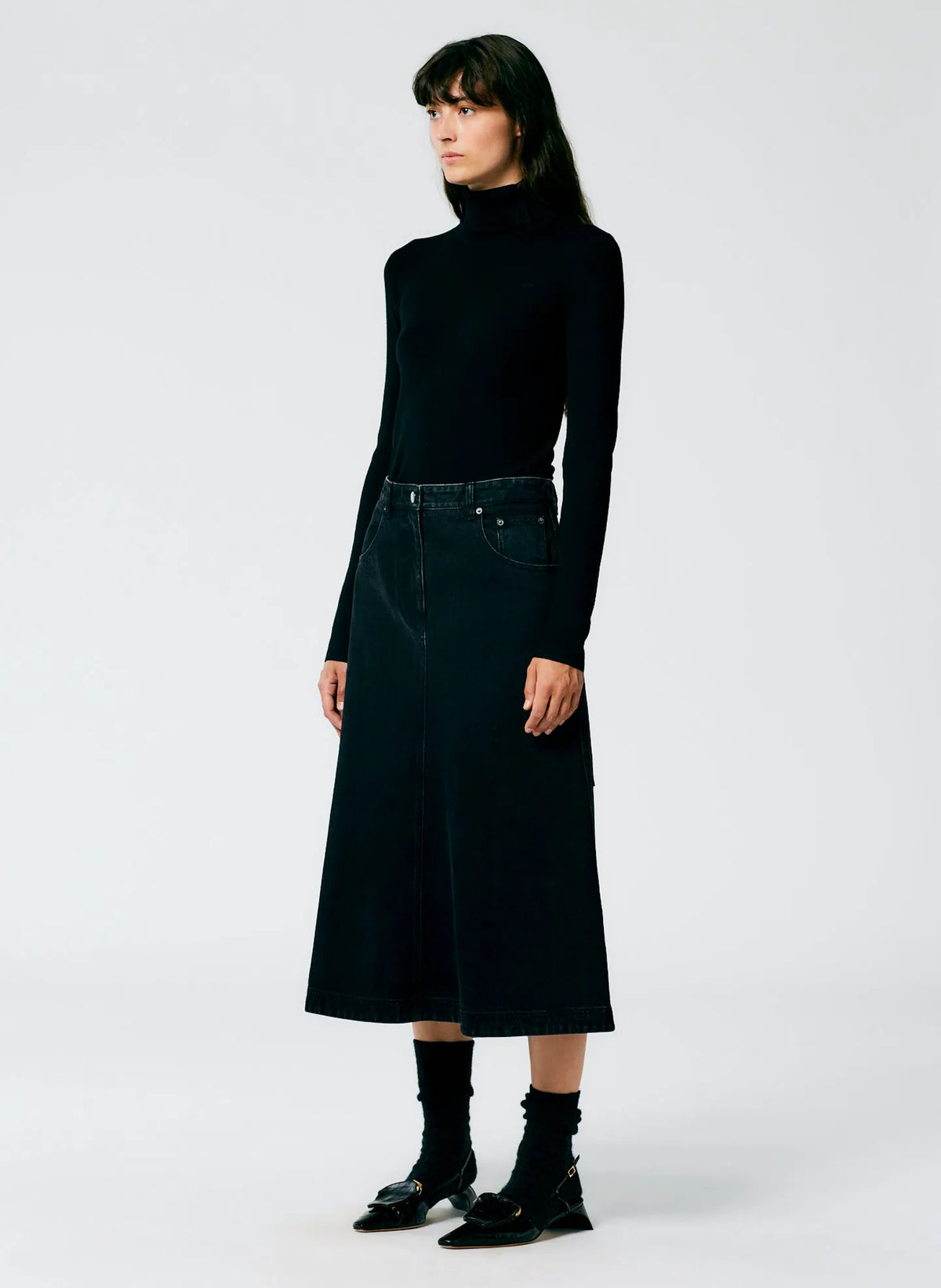 Black Denim Midi A-Line Skirt