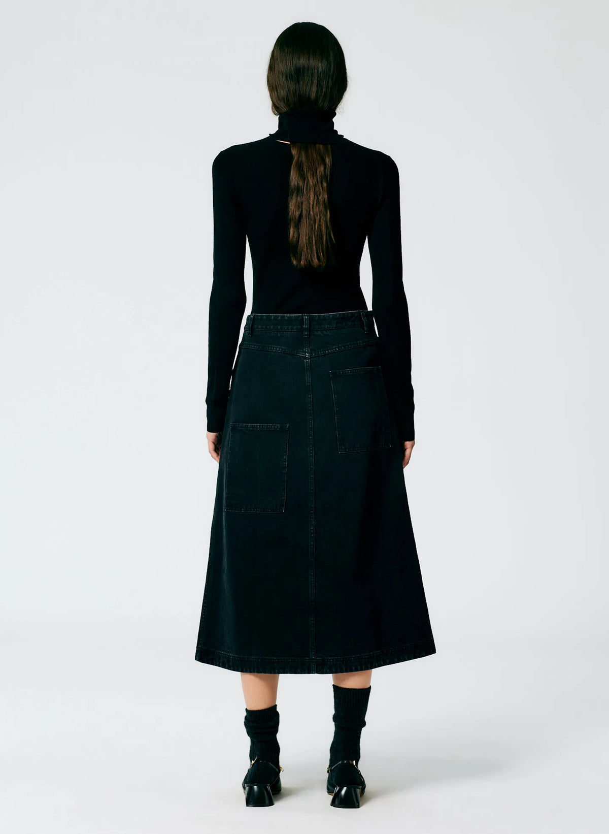 Black Denim Midi A-Line Skirt