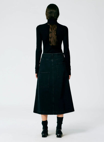 Black Denim Midi A-Line Skirt