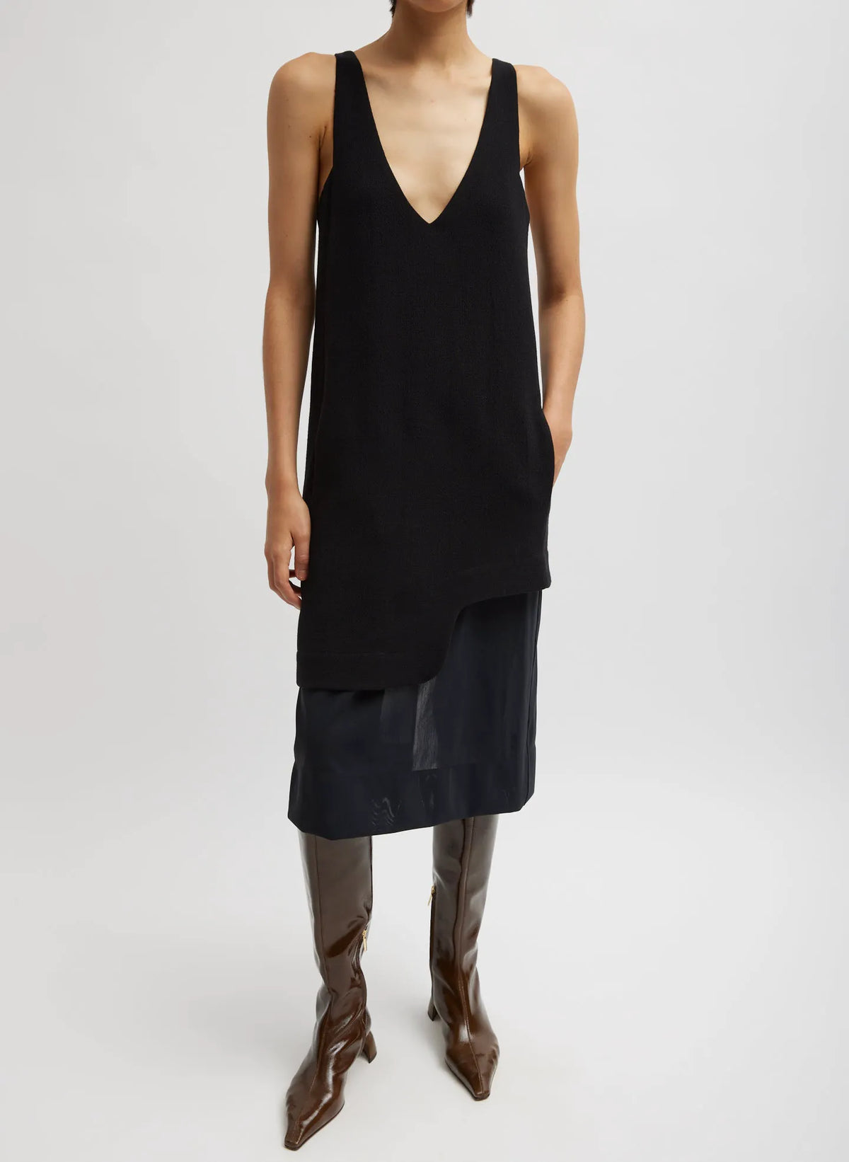 Melee Crepe V-Neck Power Mesh Combo Dress