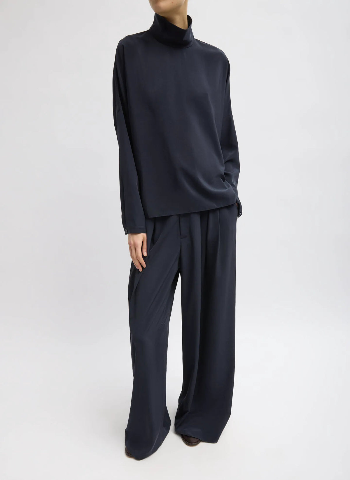 Relaxed Suiting Funnel Neck Dolman Sleeve Top