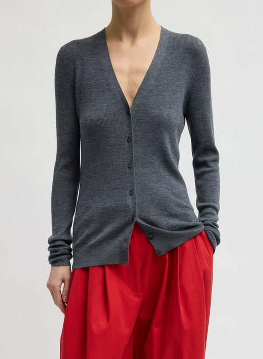 Feather Weight Ribbed V-Neck Slim Cardigan