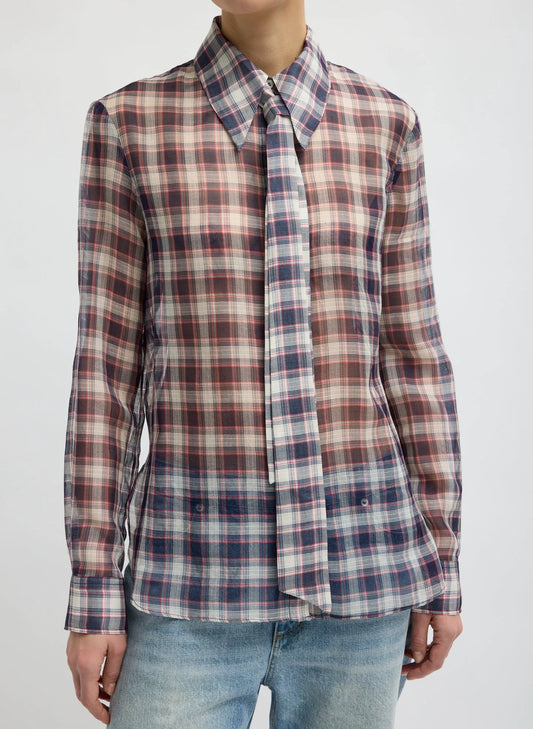 Silk Cotton Plaid Blouse with Removable Tie
