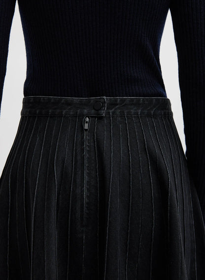 Vintage Black Denim Pintucked Denim Skirt
