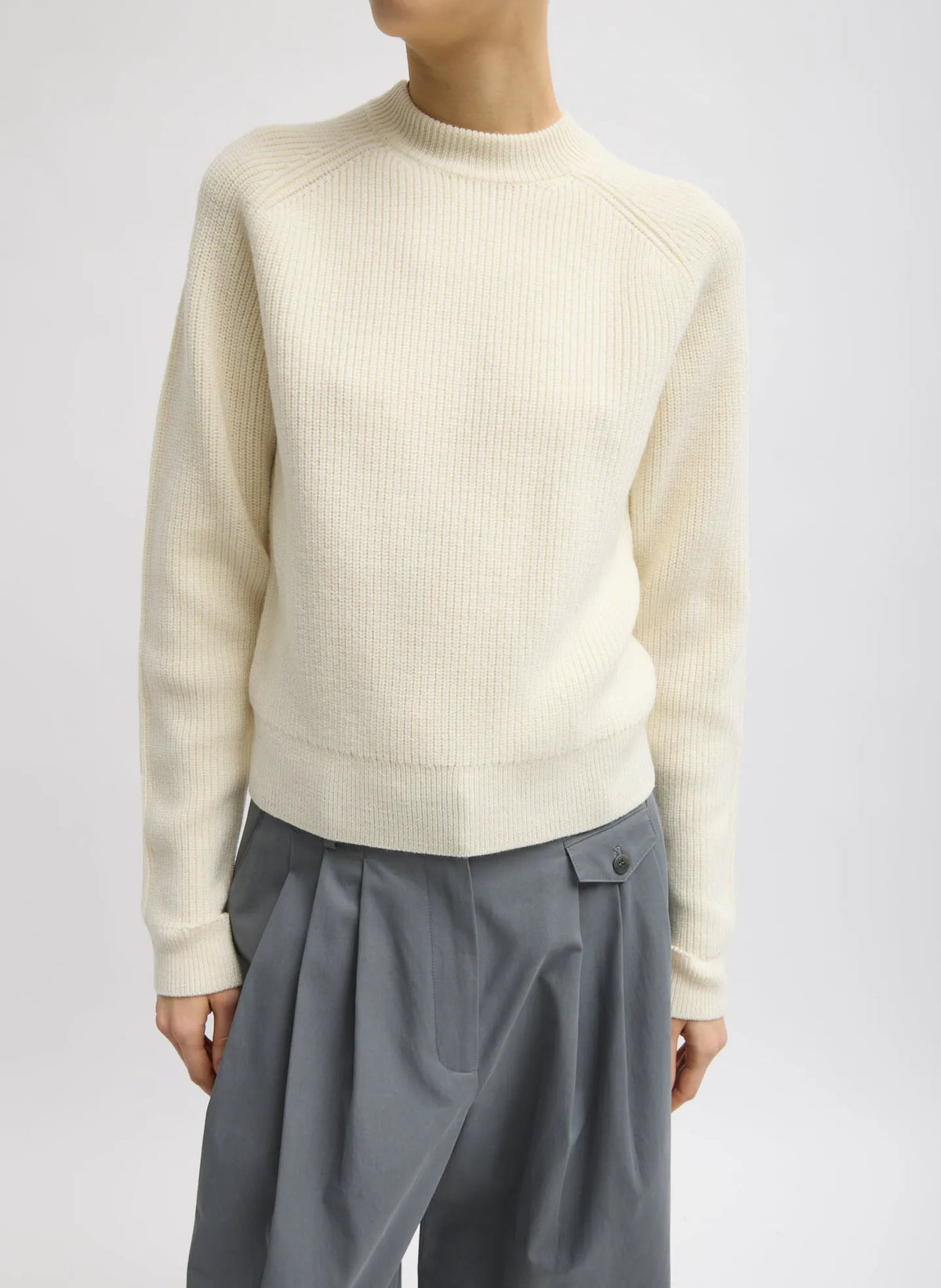 Cardigan Stitch Wool Shrunken Crewneck Pullover