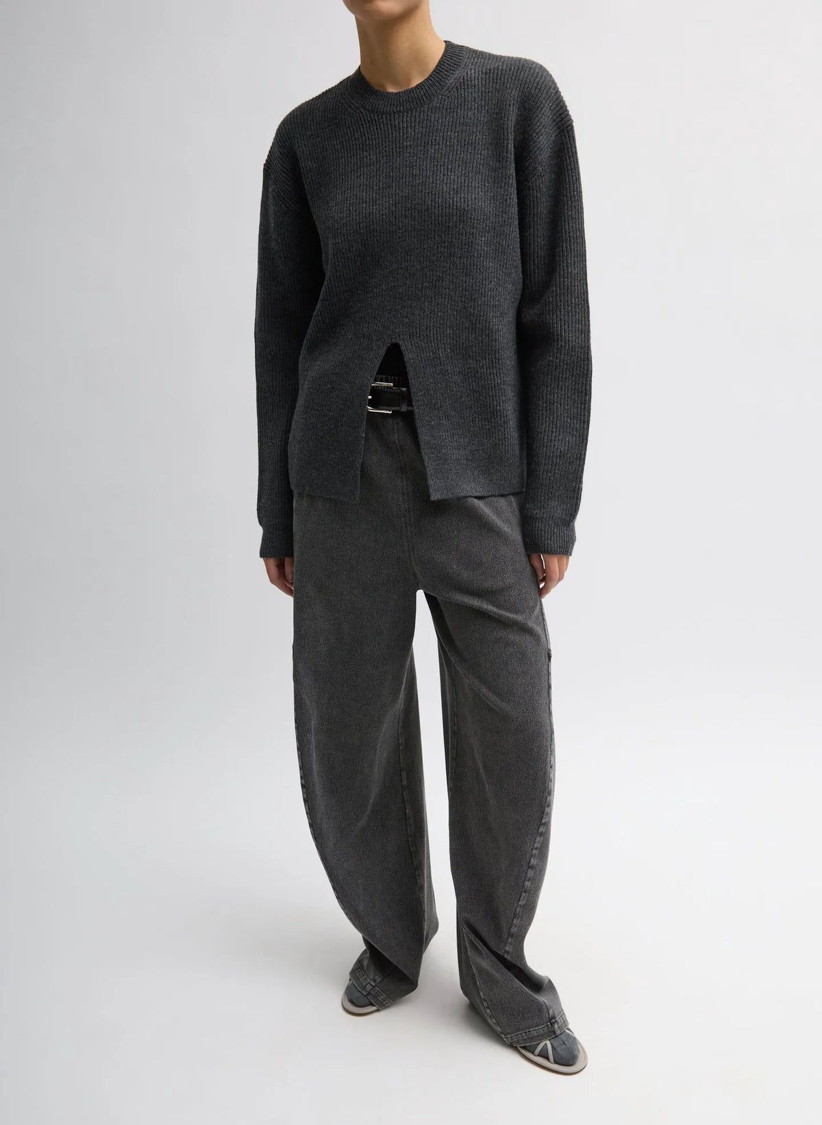 Cardigan Stitch Split Front Crewneck Easy Pullover