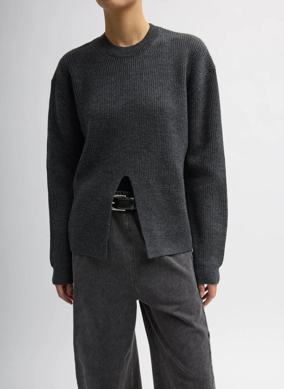Cardigan Stitch Split Front Crewneck Easy Pullover