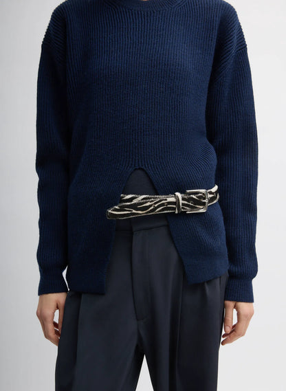 Cardigan Stitch Split Front Crewneck Easy Pullover