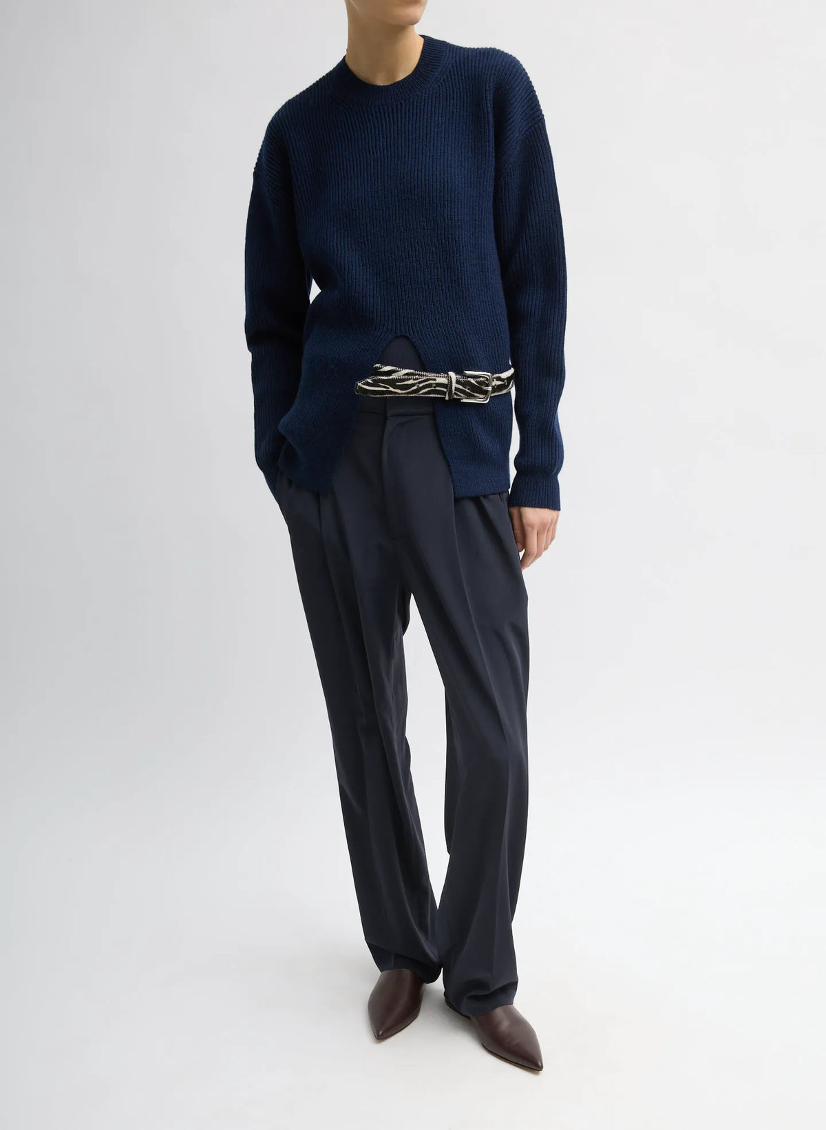 Cardigan Stitch Split Front Crewneck Easy Pullover