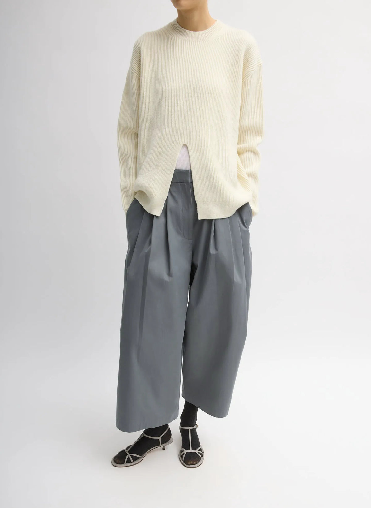 Cardigan Stitch Split Front Crewneck Easy Pullover