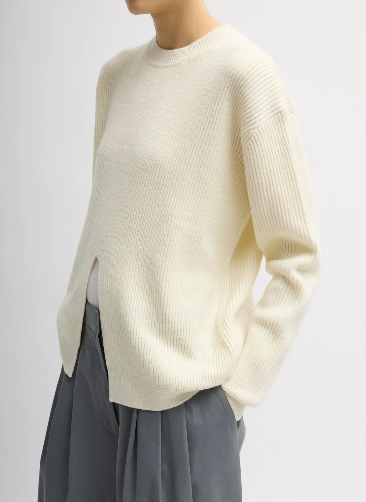 Cardigan Stitch Split Front Crewneck Easy Pullover