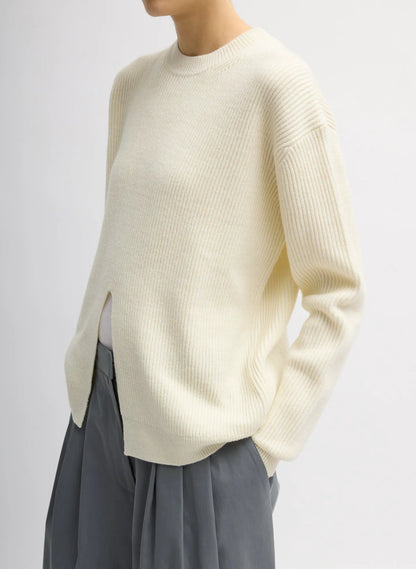 Cardigan Stitch Split Front Crewneck Easy Pullover