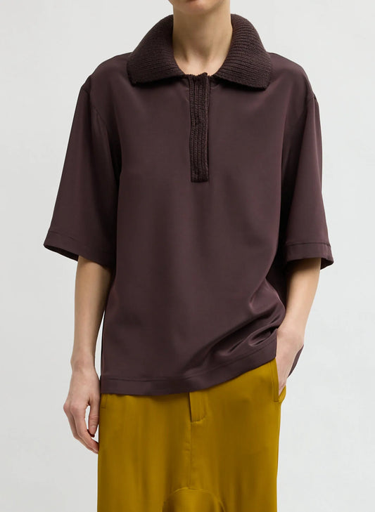 Stretch Silk Nylon Knit Collar Cocoon Top