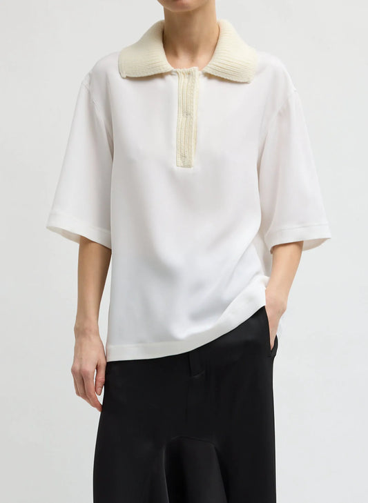 Stretch Silk Nylon Knit Collar Cocoon Top