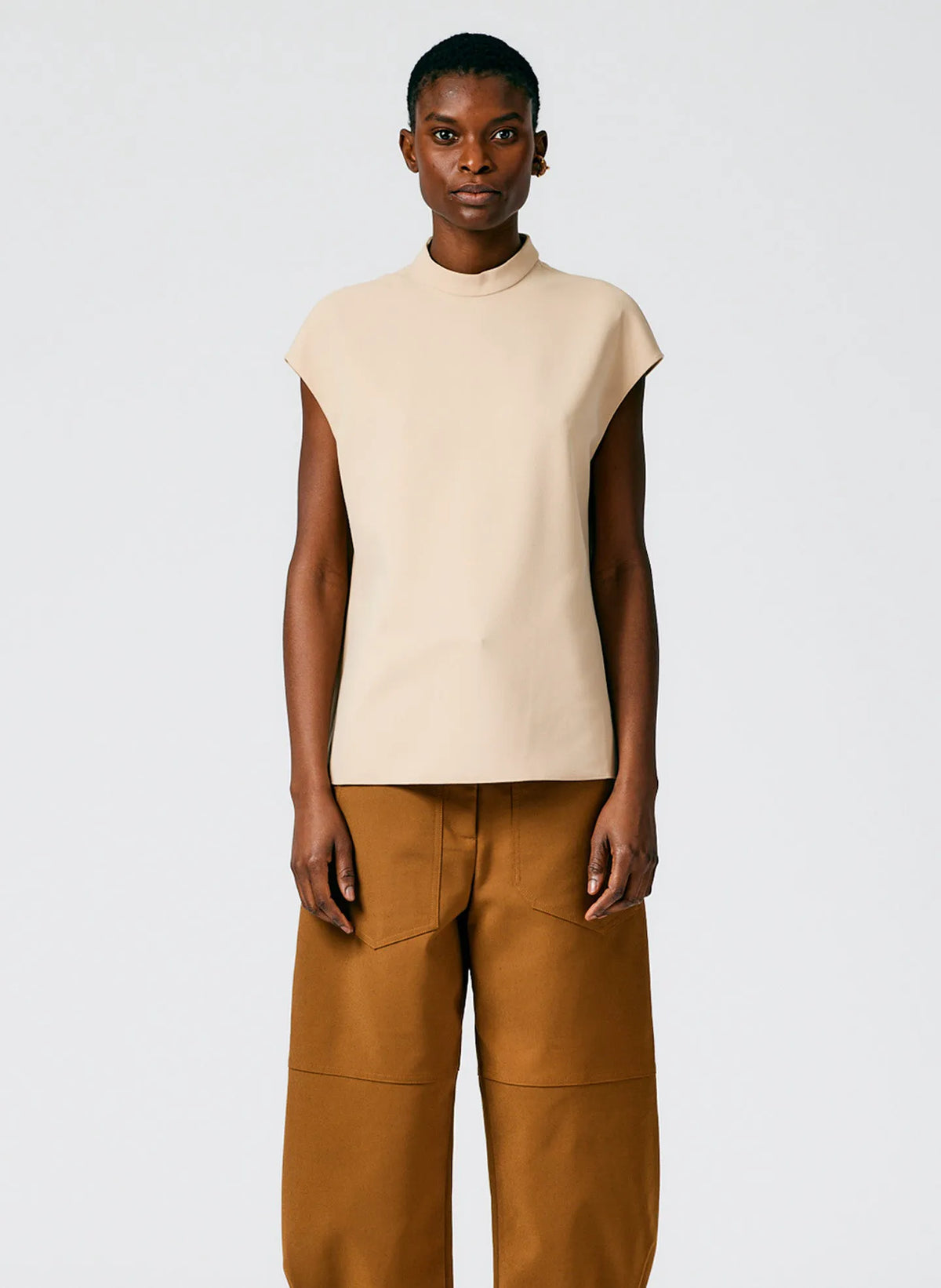 Structured Crepe Mock Neck Sleeveless Top