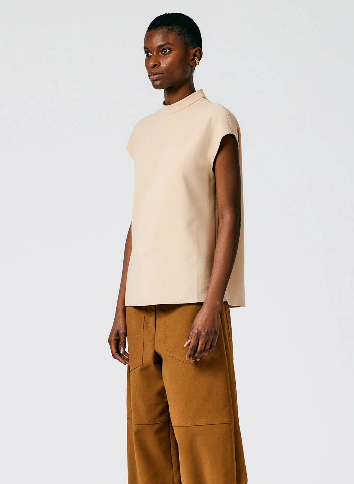 Structured Crepe Mock Neck Sleeveless Top