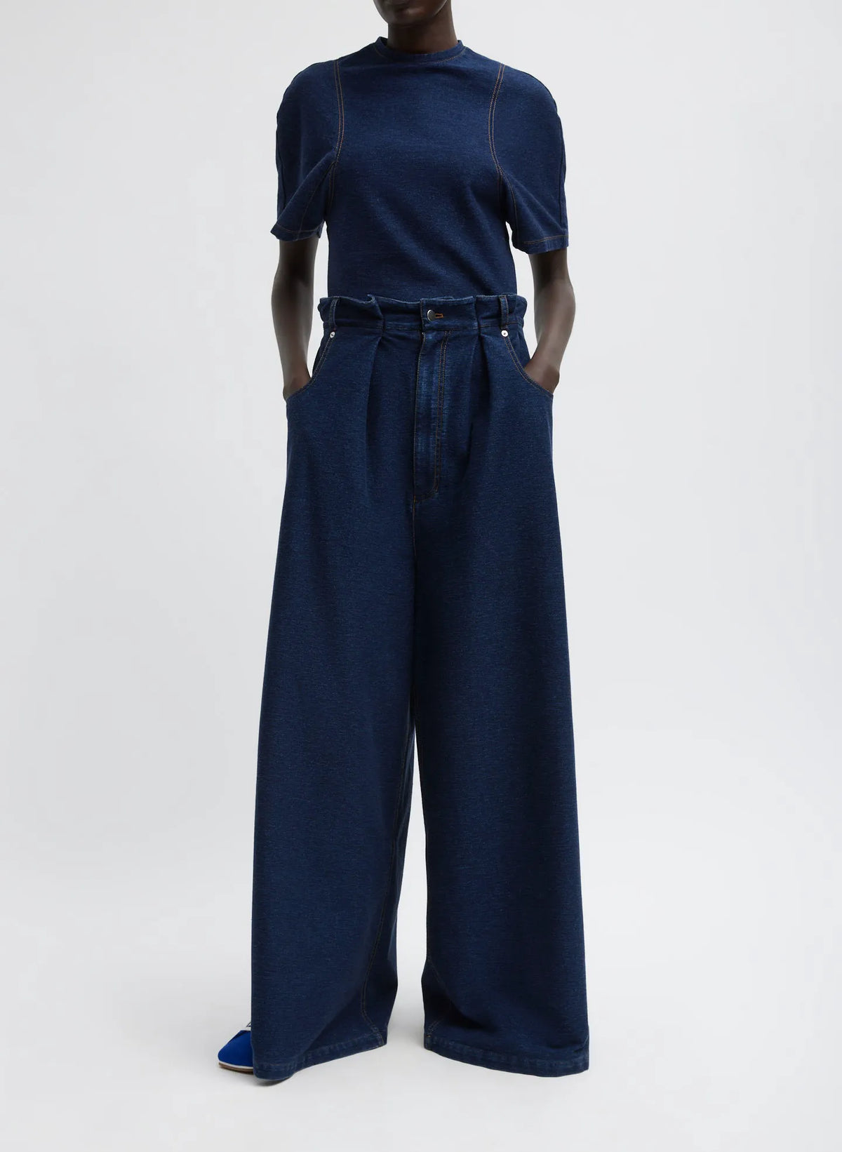 Indigo Barre Denim Knit Walker Wide Leg Jean