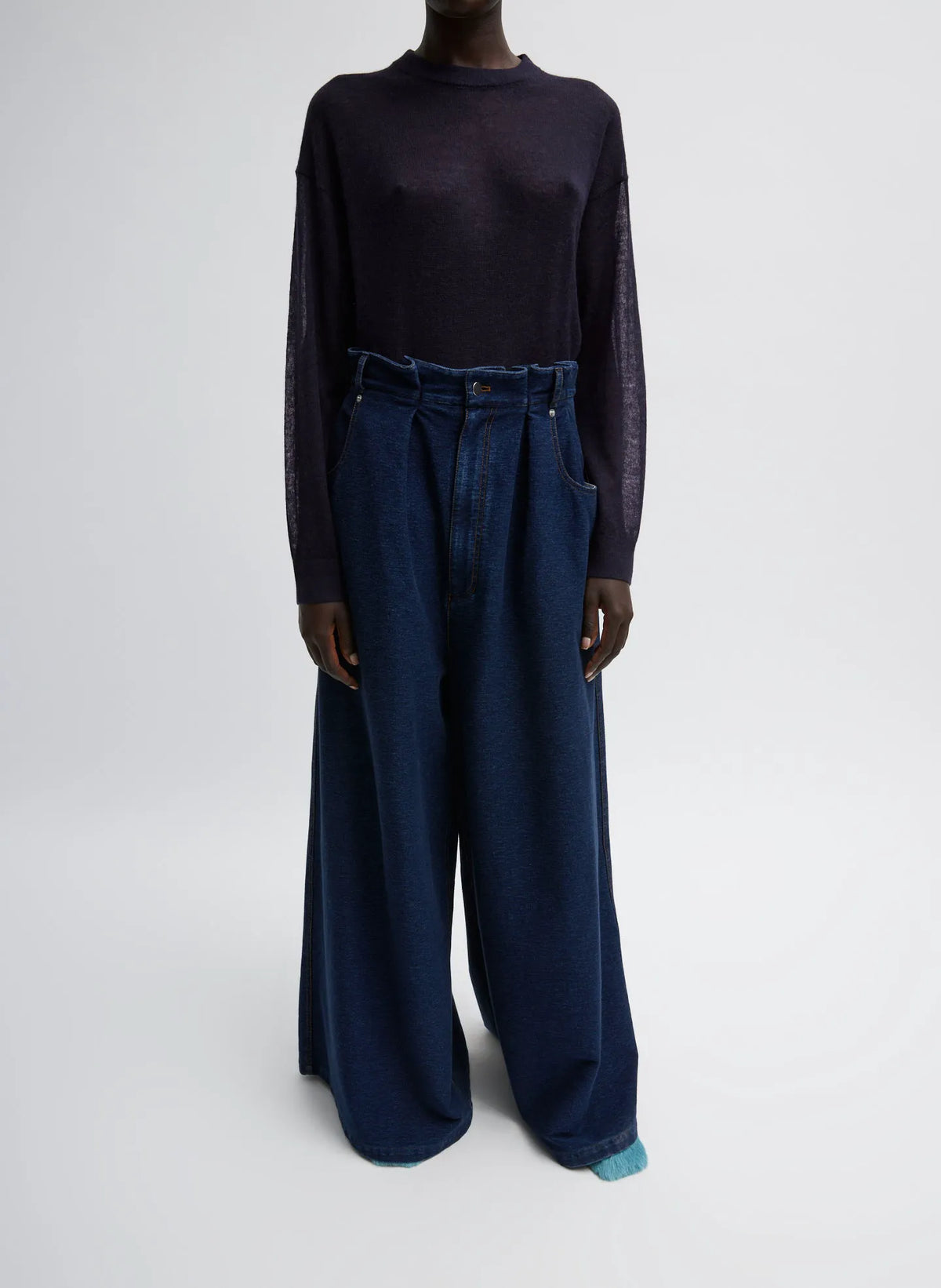Indigo Barre Denim Knit Walker Wide Leg Jean
