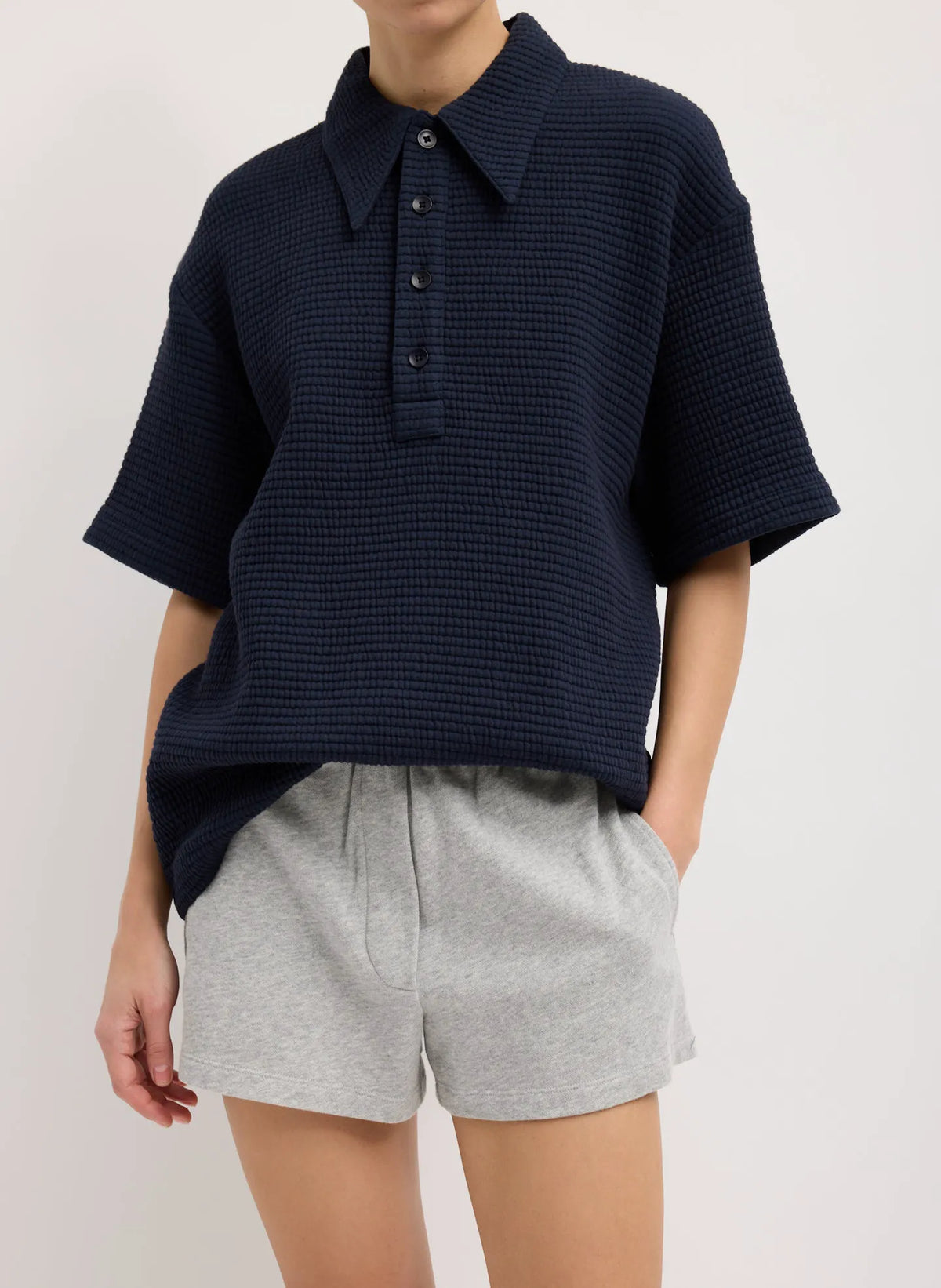 Quilted Waffle Polo Tunic Top