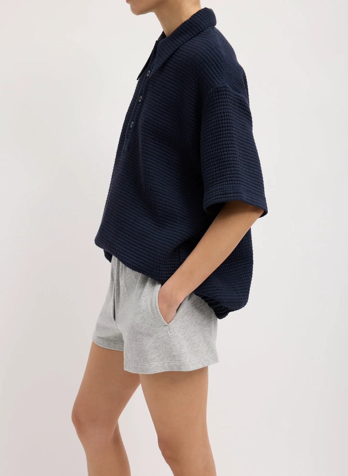 Quilted Waffle Polo Tunic Top