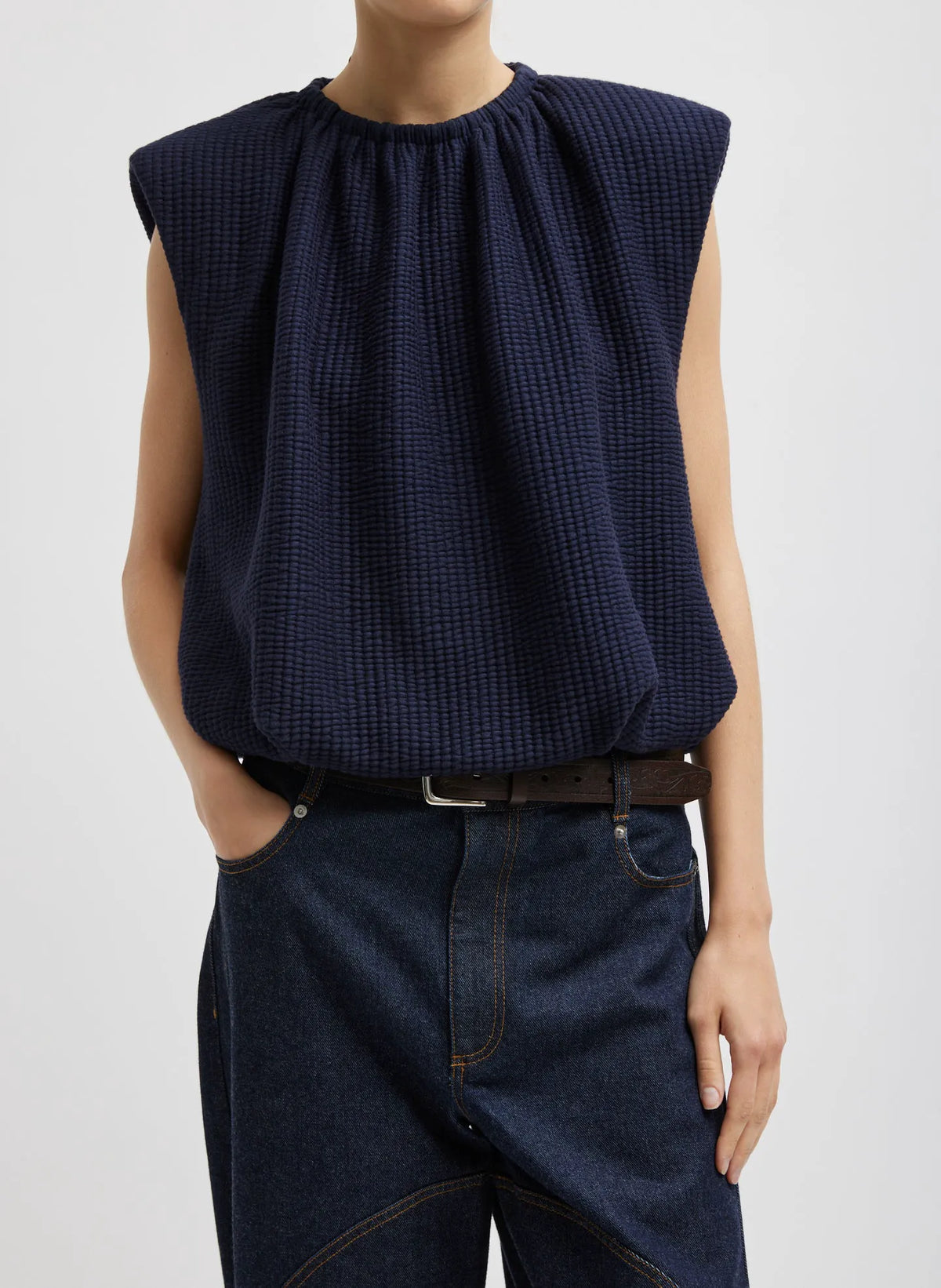 Quilted Waffle Shirred Neck Top
