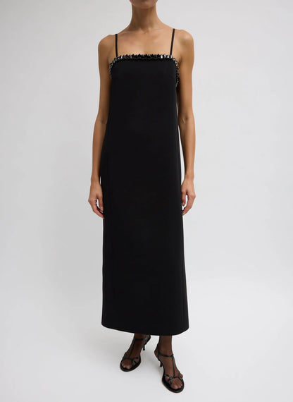 Bonded Twill Beaded Strappy Dress
