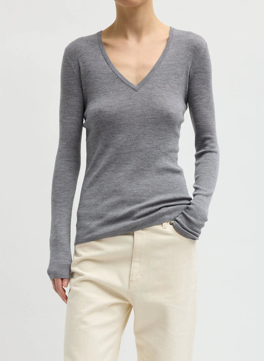 Feather Weight Ribbed Sweater V-Neck Pullover