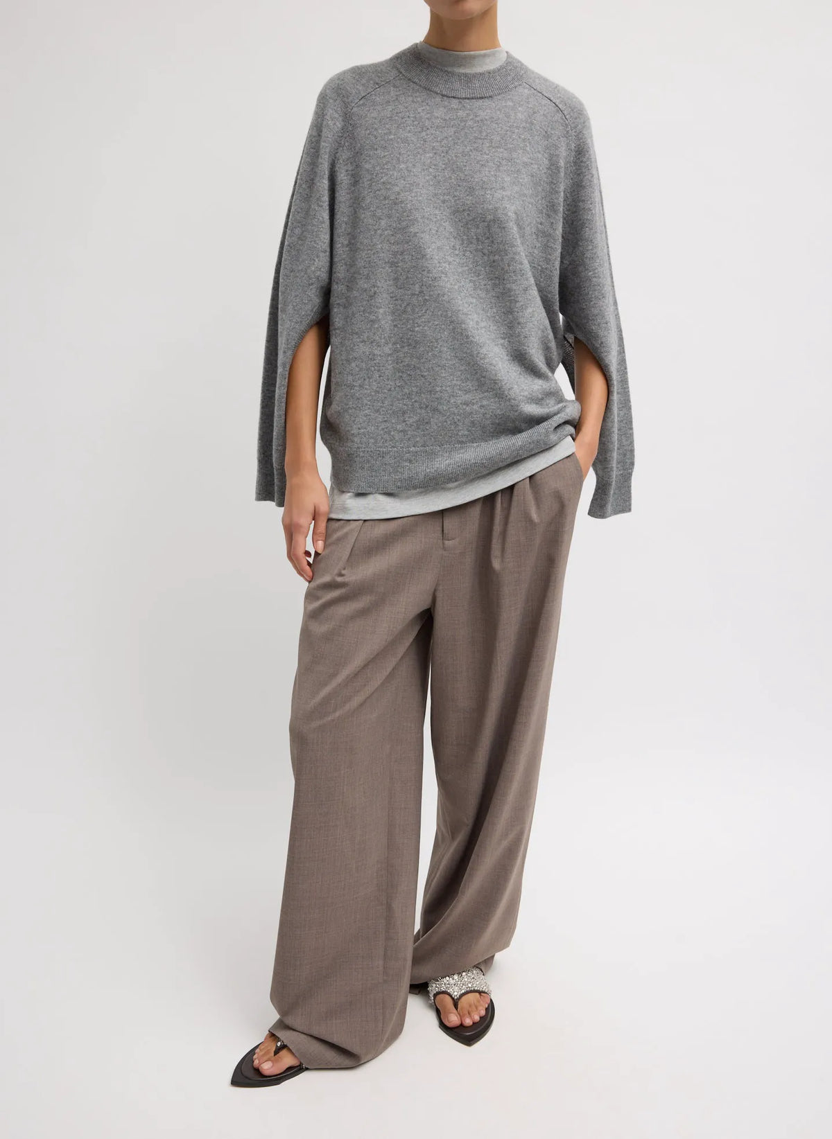 Washable Cashmere Crewneck Cut Out Sleeve Sweater
