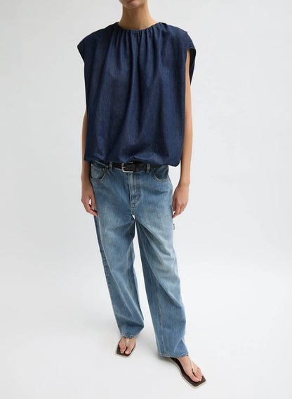 Summer Denim Indigo Shirred Neck Circular Top