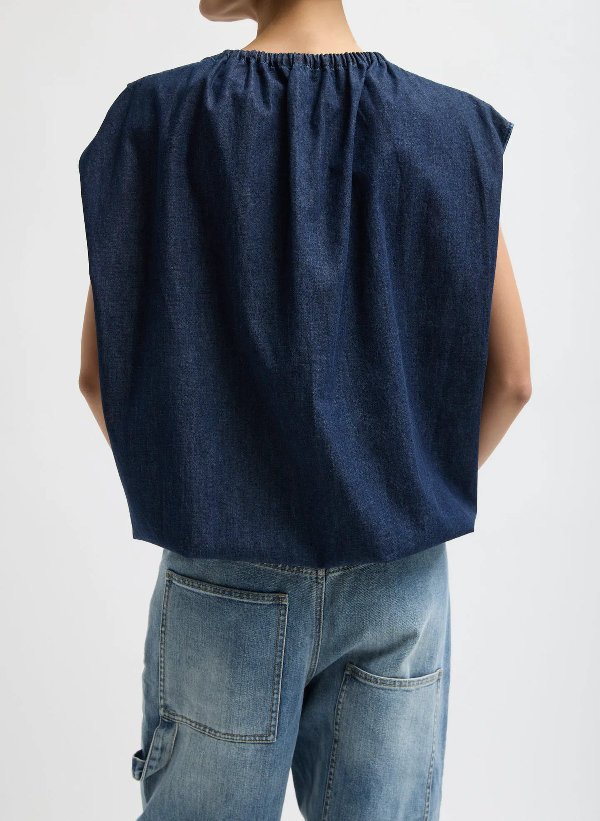Summer Denim Indigo Shirred Neck Circular Top