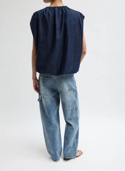 Summer Denim Indigo Shirred Neck Circular Top