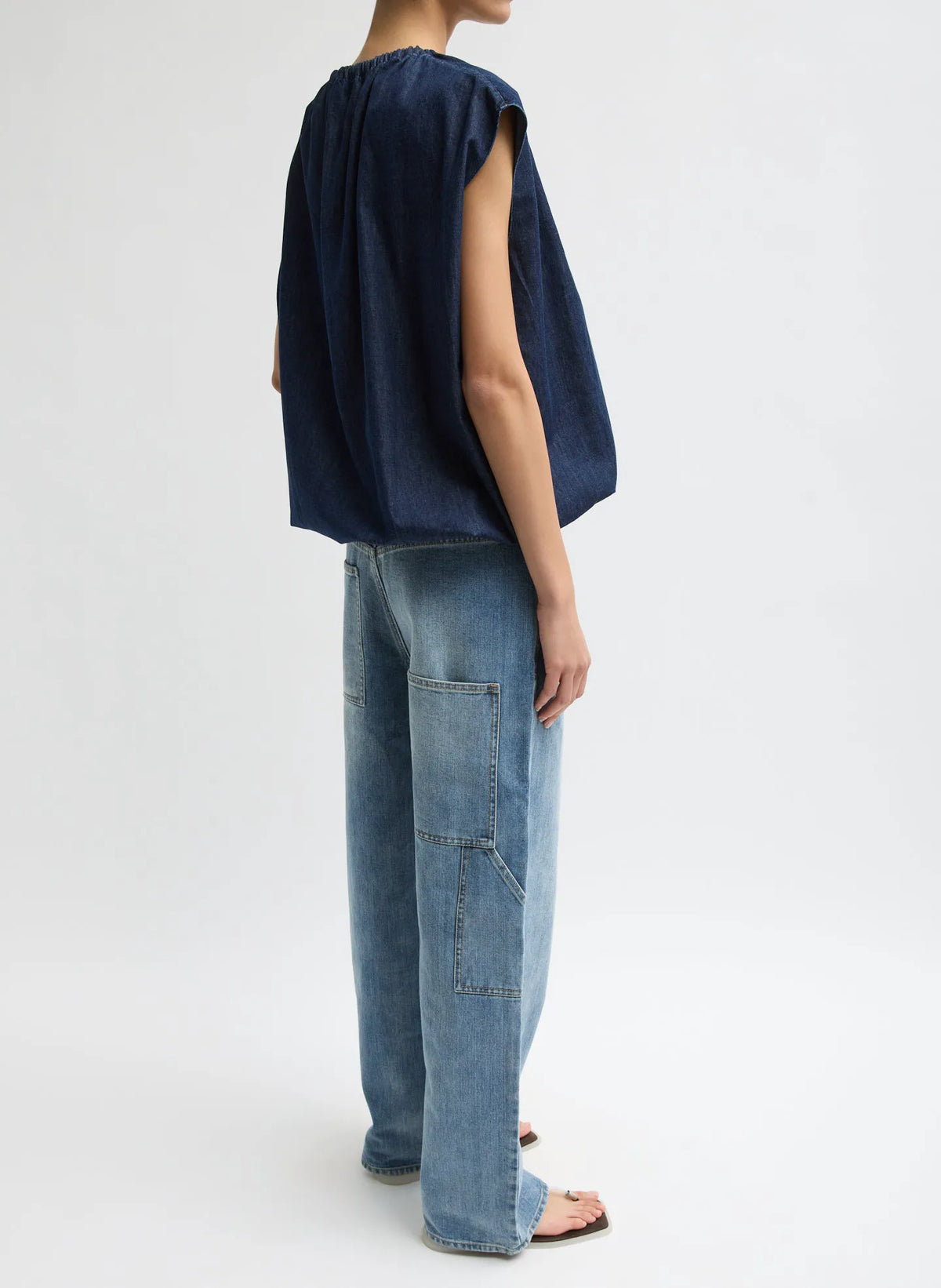 Summer Denim Indigo Shirred Neck Circular Top