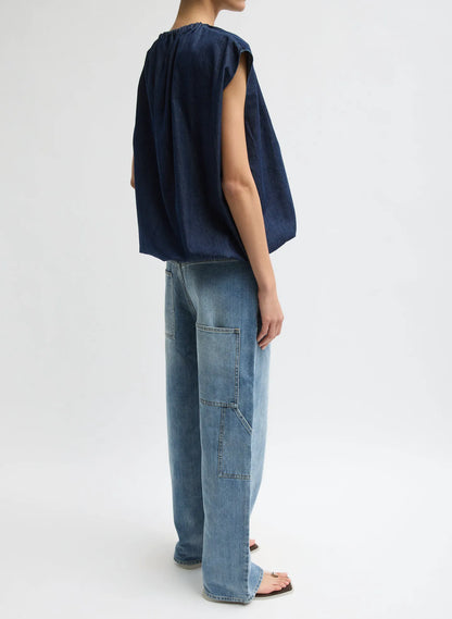 Summer Denim Indigo Shirred Neck Circular Top