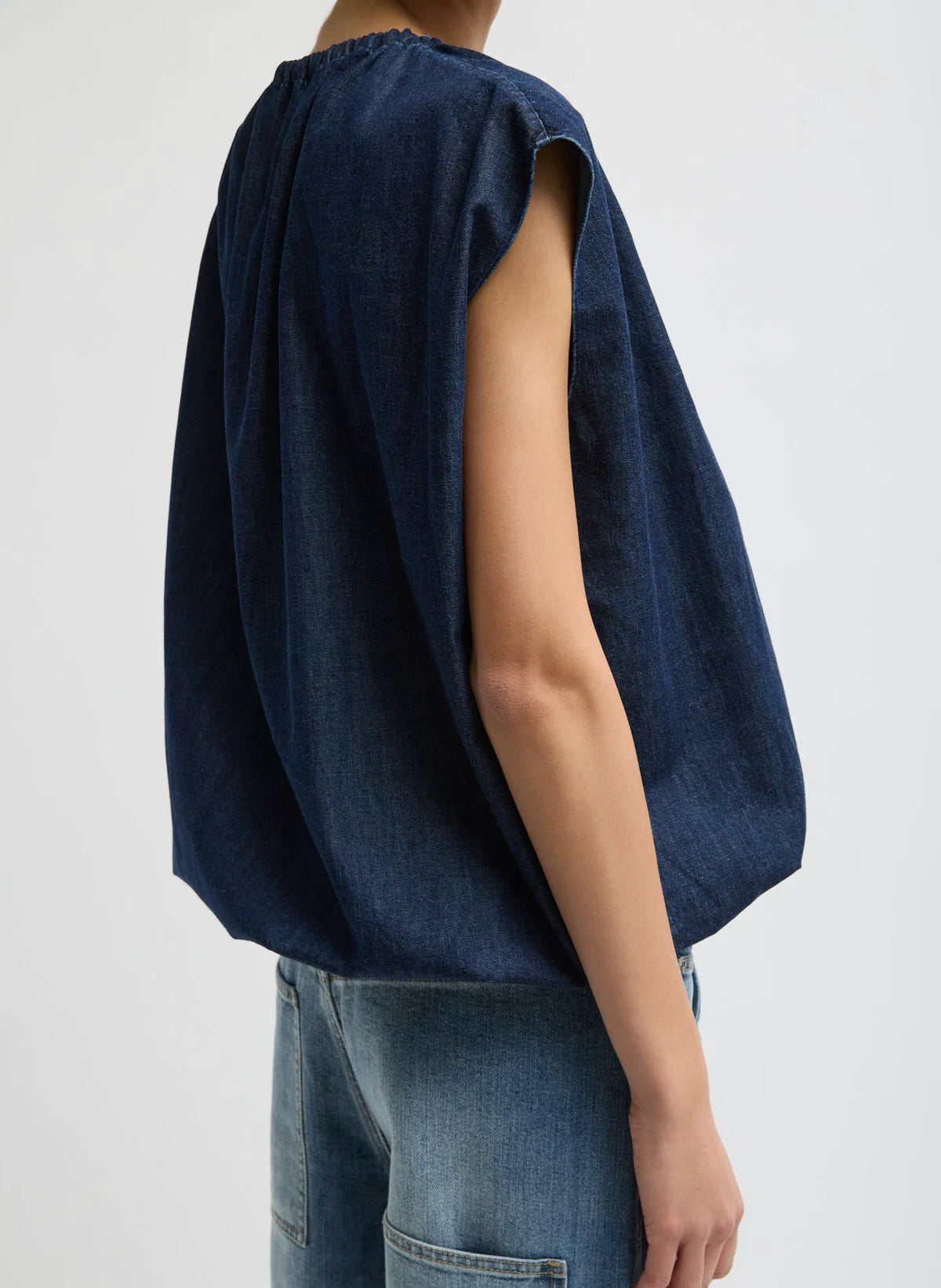 Summer Denim Indigo Shirred Neck Circular Top