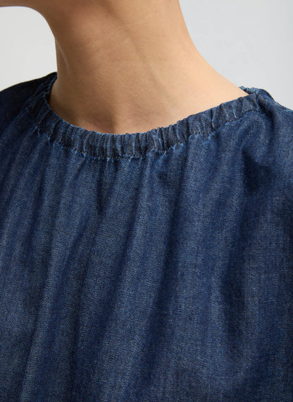 Summer Denim Indigo Shirred Neck Circular Top