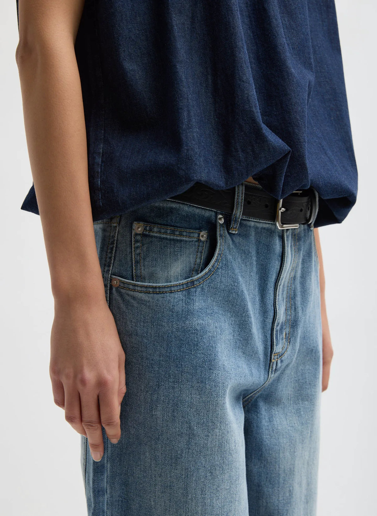 Summer Denim Indigo Shirred Neck Circular Top