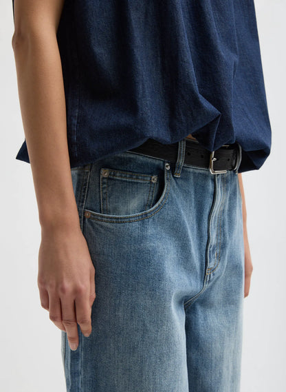 Summer Denim Indigo Shirred Neck Circular Top