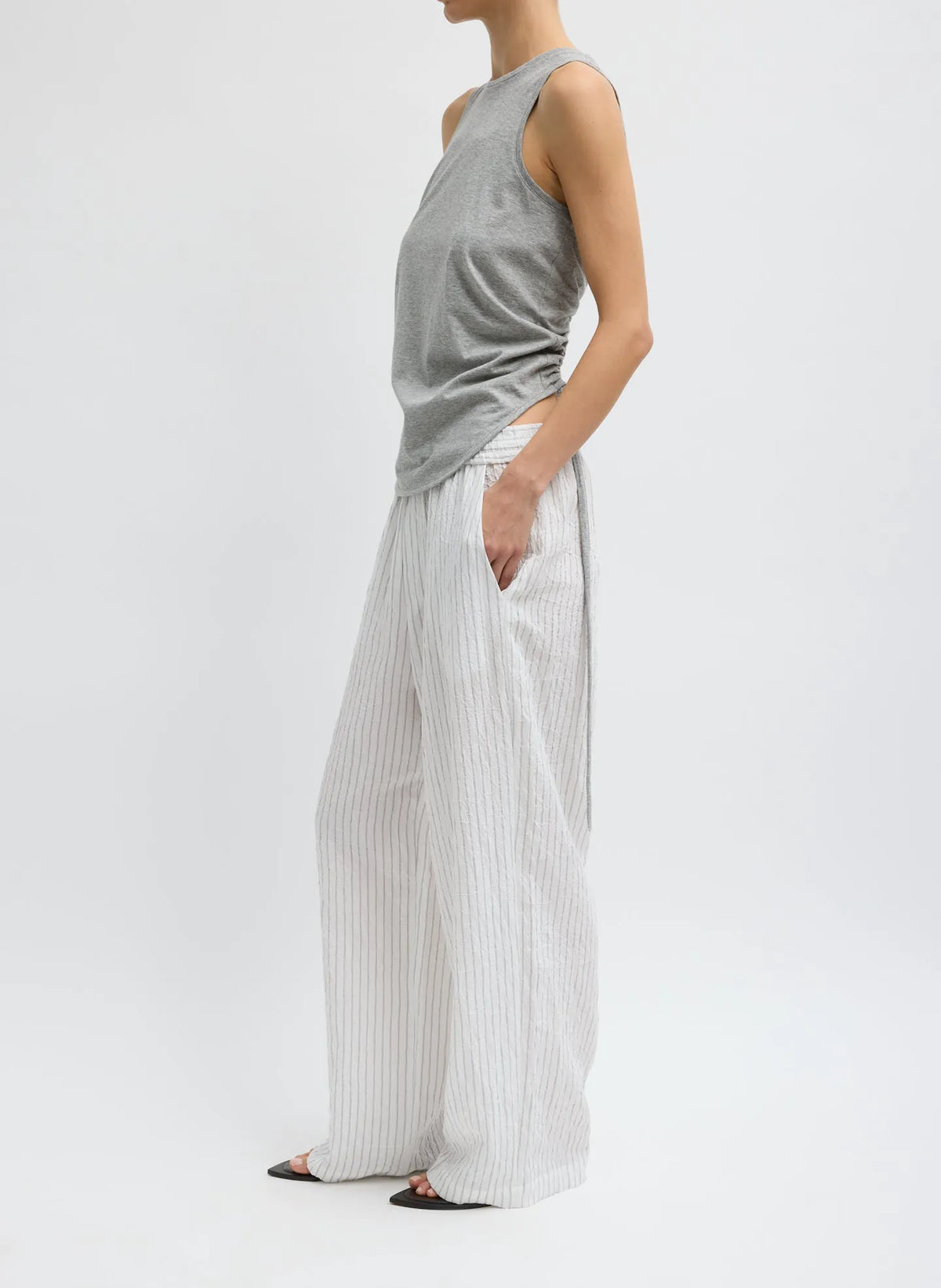 Crinkle Stripe Summer Suiting Wide Leg Pull On Pant