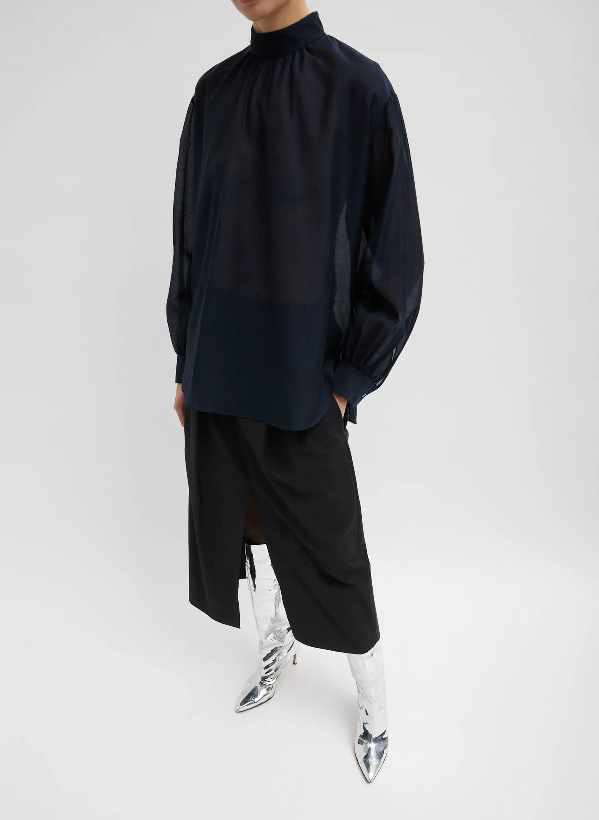 Silk Cotton Shirred Neck Blouse
