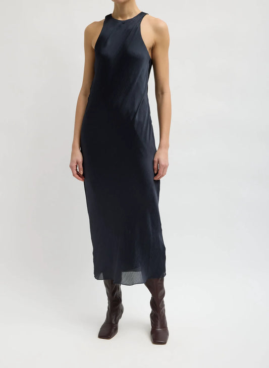 Matte Satin Plisse Midi Bias Dress